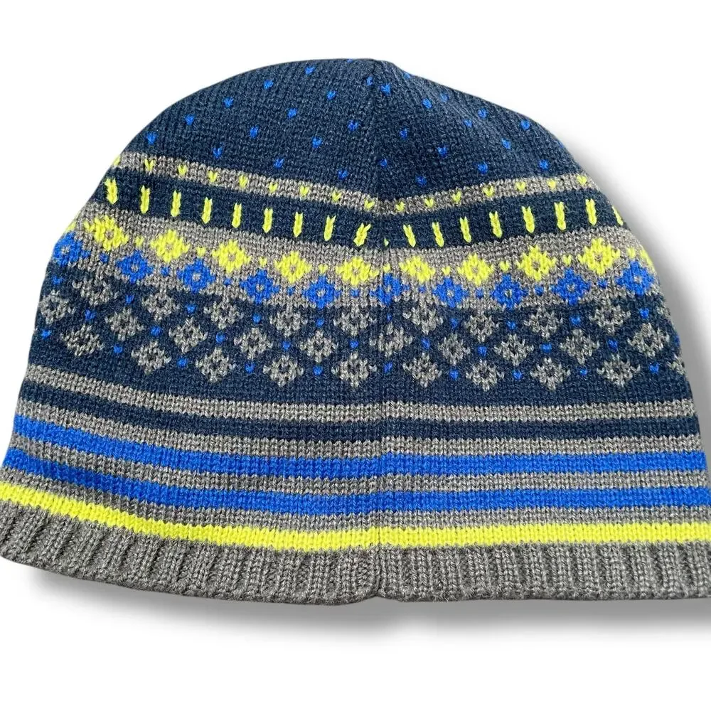 Lands End Kids Beanie Hat Medium Large Striped Blue Gray Knit Winter Cap Skull